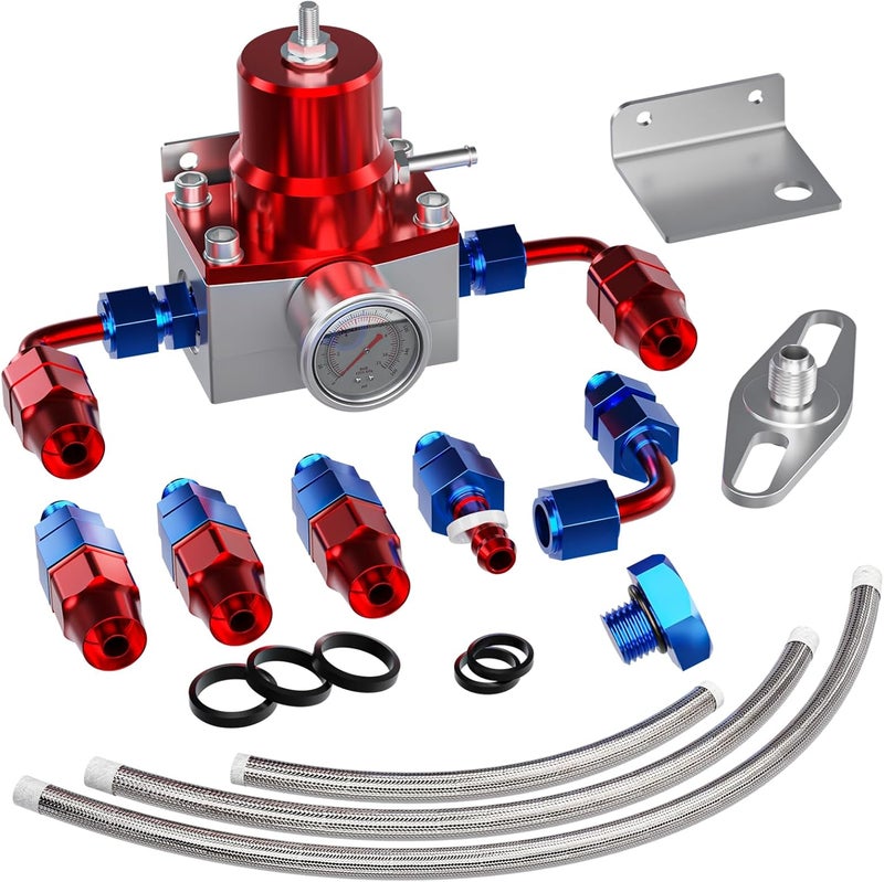 Plobeda EFI Fuel Pressure Regulator Kit with Bypass Return 0-100psi Pressure Gauge AN6-6AN Fuel Line Hose Fitting Connectors Kit Adjustable Universal Aluminum (Blue) - Image 1